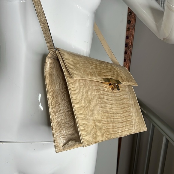 Vintage Cream Lizard Structured Shoulder Crossbody Clutch Bag Leather Interior - Picture 7 of 14